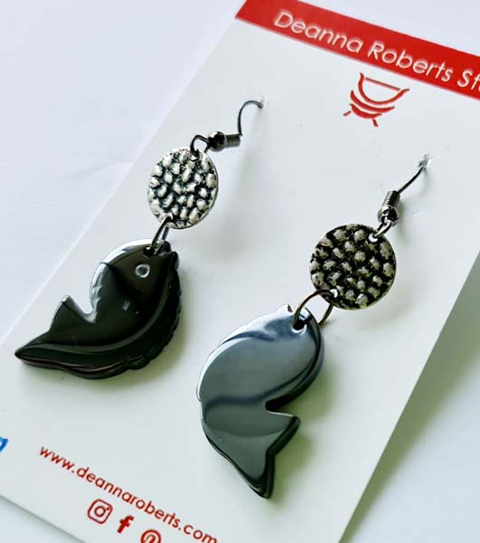 Haematite Fish Earrings with silver disc addition 4cm x 1.5cm and reflective - destash.au x 1