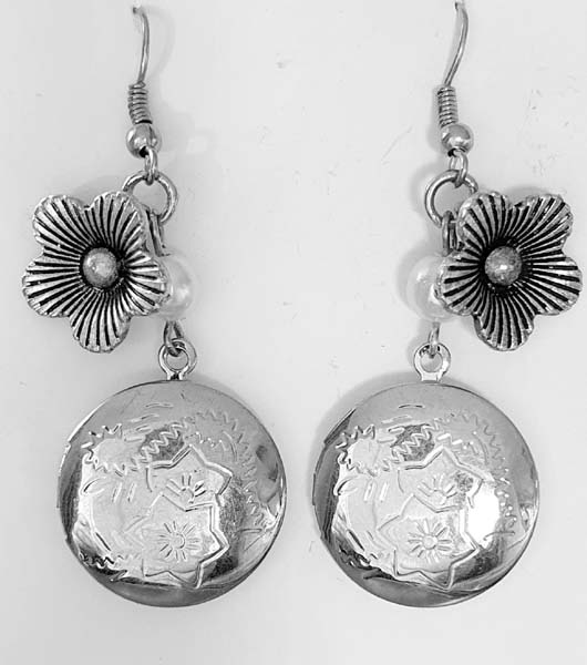 Silver Locket Earrings with flower and pearl bead and locket with flower impression 4cm x 2cm destash.au