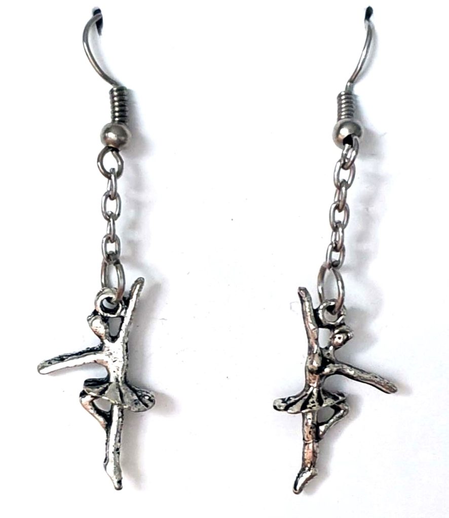 Silver plate ballerina earrings 4cm x 1cm with small chain and 2 cute ballerinas destash.au