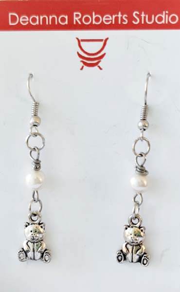 eddy Pearl Earrings destash.au 5cm x .8cm with small faux pearl and little silver teddy bear charm