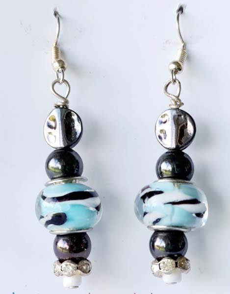 Zebra Blue Earrings 4cm x 1.4cm 1 flat 2 round black beads and silver edged zebra pattern on light blue glass beads with diamante and white seed bead destash.au